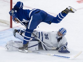 Maple Leafs’ Jason Spezza is stopped by goaltender Jack Campbell during a shootout following first period scrimmage action on Saturday night.
