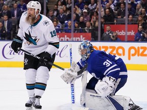 Maple Leafs goalkeeper Frederik Andersen says former Western Conference foe Joe Thornton was a load to handle when the big forward parked himself near the crease. Andersen adds that he is glad he doesn’t have to face him side this coming season.