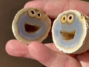 A geologist uncovered an agate gemstone with the insides resembling Cookie Monster.