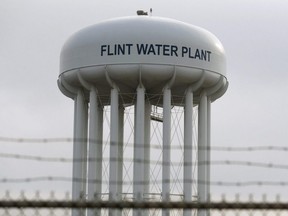 The top of the Flint Water Plant tower is seen in Flint, Michigan, Feb. 7, 2016.