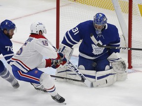 Frederik Andersen, making a save on Montreal Canadiens' Jesperi Kotkaniemi last night, was like the rest of the Leafs team in their 5-4 overtime win, great one moment, terrible the next.