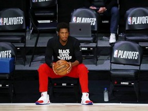 Kyle Lowry of the Raptors looks on before Game 3 of Toronto's first-round playoff series against the Brooklyn Nets at the ESPN Wide World Of Sports Complex in August.