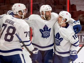 Toronto Maple Leafs centre Joe Thornton (97) celebrates his goal against the Ottawa Senators Saturday at the Canadian Tire Centre.