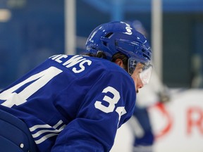 Auston Matthews takes a breather during a Maple Leafs training camp workout in Etobicoke.