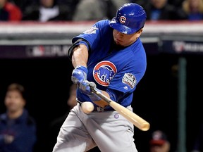 Kyle Schwarber of the Chicago Cubs hits an RBI single in Game Two of the 2016 World Series at Progressive Field on October 26, 2016 in Cleveland.
