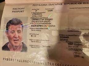 This handout photograph released by the Bulgarian Prosecutor's Office on January 29, 2021, shows details of a fake Bulgarian passport in the name of Sylvester Stallone.