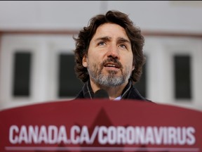 Prime Minister Justin Trudeau attends a news conference at Rideau Cottage as efforts continue to help slow the spread of COVID-19 in Ottawa, Jan. 22, 2021.