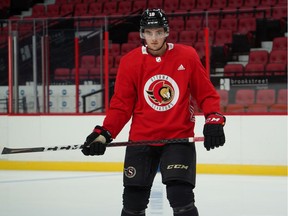 Drake Batherson on the ice at the Ottawa Senators' training camp on Friday, Jan. 1, 2021.