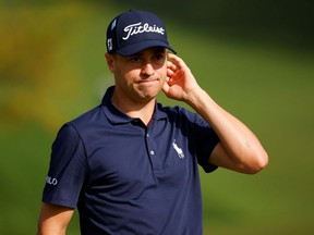 The Masters - Augusta National Golf Club - Augusta, Georgia, U.S. - November 15, 2020 Justin Thomas of the U.S. reacts on the 2nd hole during the final round.