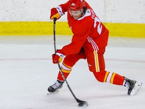 Dillon Dube participates in Calgary Flames training camp at the Saddledome in Calgary on Jan. 9, 2021.