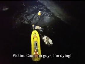 A screen shot from an Ontario Provincial Police drone video of what turned out to be a successful water rescue of a 57-year-old man from the broken ice on Mississippi Lake near Carleton Place on the evening of Jan. 1, 2021.