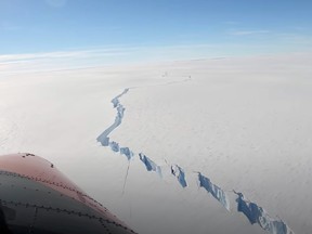 A chasm called the North Rift formed on the Brunt Ice Shelf is seen in Antarctica, Feb. 26, 2021, in this still image obtained from social media video.