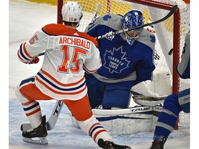 Edmonton Oilers Josh Archibald (15) scores on Toronto Maple Leafs goalie Frederik Andersen (31) during NHL action at Rogers Place in Edmonton, January 30, 2021.
