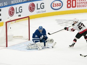 Ottawa Senators' Evgenii Dadonov scores the winning goal against the Maple Leafs during the overtime period at Scotiabank Arena in Toronto on Monday, Feb. 15, 2012.