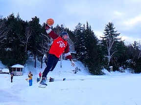 Rob Worling, 24, An Ottawa ice cross athlete has become a viral sensation with a soaring, high-speed slam dunk on skates filmed at a lake near Wakefield.