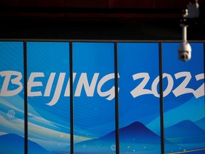 A sign at the Beijing Organizing Committee for the 2022 Olympic and Paralympic Winter Games office in Beijing February 4, 2021.