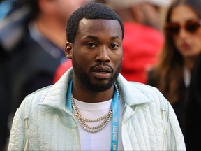 Rapper Meek Mill looks on before Super Bowl LIV at Hard Rock Stadium on Feb. 2, 2020 in Miami, Fla.