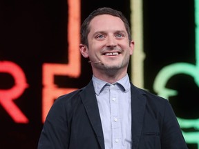 Elijah Wood, actor and creative director at Spectrrevision, speaks during the Ubisoft E3 conference at the Orpheum Theater on June 11, 2018 in Los Angeles, Calif.