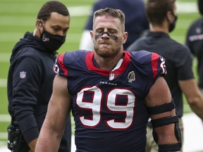 Houston Texans defensive end J.J. Watt reacts after a play against the Minnesota Vikings during the fourth quarter at NRG Stadium in Houston, Texas, Oct. 4, 2020.