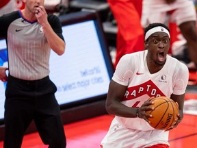 Raptors forward Pascal Siakam reacts to a foul call during the fourth quarter of a game against the Timberwolves at Amalie Arena in Tampa, Fla., Sunday, Feb. 14, 2021.