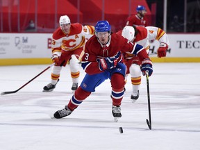 Montreal Canadiens forward Tyler Toffoli chases the puck on his way to scoring against the Calgary Flames. Toffoli has nine goals in 12 games so far this season.