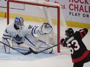 Toronto Maple Leafs goalie Jack Campbell makes a save on a shot from Ottawa Senators right wing Evgenii Dadonov in the third period at the Canadian Tire Centre.