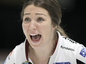 Lead Nadine Scotland of Team Walker reacts to a throw as Team Rocque and Team Walker meet in semi-final action at the Alberta Scotties Tournament of Hearts in Okotoks on Saturday, January 25, 2020. Brendan Miller/Postmedia