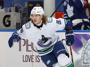 TORONTO, ON - FEBRUARY 4: Adam Gaudette #96 of the Vancouver Canucks skates against the Toronto Maple Leafs during an NHL game at Scotiabank Arena on February 4, 2021 in Toronto, Ontario, Canada. The Maple Leafs defeated the Canucks 7-3.(Photo by Claus Andersen/Getty Images) ORG XMIT: 775608107 [PNG Merlin Archive]