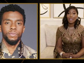 Taylor Simone Ledward accepts the award for Best Actor in a Motion Picture - Drama for "Ma Rainey's Black Bottom" on behalf of her late husband Chadwick Boseman in this handout screen grab from the 78th Annual Golden Globe Awards in Beverly Hills, Calif., Feb. 28, 2021.