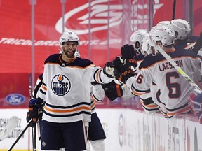 Oilers blueliner Darnell Nurse is congratulated after scoring a goal against the Canadiens. Nurse had 11 heading into Monday night's game against the Maples Leafs, tying him with Montreal’s Jeff Petry for the most goals scored by a defenceman this season.