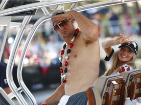 Tampa Bay Buccaneers tight end Rob Gronkowski during a boat parade to celebrate victory in Super Bowl LV against the Kansas City Chiefs in Tampa Bay, Fla., Feb. 10, 2021.