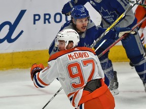 Along with Patrick Kane of the Chicago Blackhawks, Edmonton Oilers captain Connor McDavid (front) and Toronto Maple Leafs sniper Auston Matthews (back) are the frontrunners to win the Hart Trophy this season.