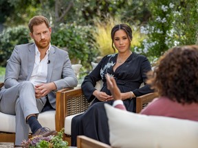 Prince Harry and Meghan, Duchess of Sussex, are interviewed by Oprah Winfrey in this undated handout photo.