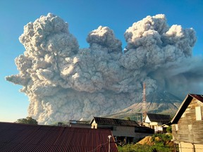 Mount Sinabung spews some 5,000-metre-high of hot ash into the sky seen from Karo, North Sumatra on March 2, 2021.