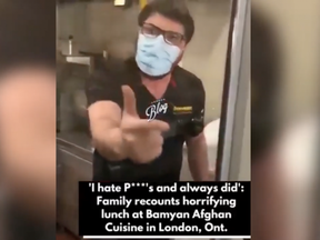 A screengrab of a video between a worker at Bamyan Afghan Cuisine on Richmond Street and a customer. The video was made public on Instagram by @londonblo.g