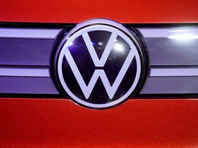 A Volkswagen logo is seen at a construction completion event of SAIC Volkswagen MEB electric vehicle plant in Shanghai, China November 8, 2019.