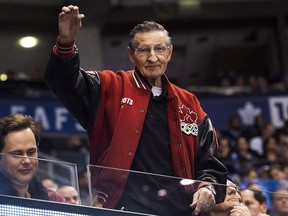 Walter Gretzky, father of Hockey Hall-of-Famer Wayne Gretzky, waves to fans as the Buffalo Sabres play against the Toronto Maple Leafs in Toronto on Tuesday, Ja. 17, 2017.