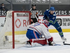 Winger Tanner Pearson, eyeing a rebound against Canadiens goalie Carey Price during Monday’s Canucks shootout win, says ‘I can’t get away from the net front and whacking pucks and chiseling away.’
