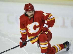 Calgary Flames Rasmus Andersson during warm-up before a NHL game against Montreal Canadiens at Scotiabank Saddledome on Monday, April 26, 2021. Azin Ghaffari/Postmedia