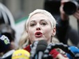 Actress Rose McGowan speaks to the media outside the court on January 6, 2020 in New York City.