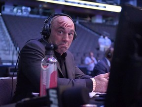 Announcer Joe Rogan reacts during UFC 249 at VyStar Veterans Memorial Arena on May 09, 2020 in Jacksonville, Florida.