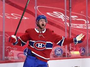 Eric Staal of the Montreal Canadiens celebrates his overtime goal against the Edmonton Oilers at the Bell Centre on April 5, 2021 in Montreal. The Montreal Canadiens defeated the Edmonton Oilers 3-2.