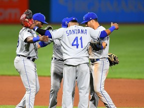 PITTSBURGH, PA - APRIL 28: Carlos Santana #41 of the Kansas City Royals celebrates with teammates after a 9-6 win over the Pittsburgh Pirates at PNC Park on April 28, 2021 in Pittsburgh, Pennsylvania.