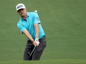 Mackenzie Hughes of Canada plays a shot on the second hole during the second round of the Masters at Augusta National Golf Club on Friday. Hughes is at even par after two rounds.