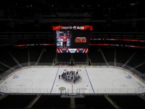 An image of Colby Cave is visible on the scoreboard during the Edmonton Oilers' first day of training camp for the 2019-20 NHL Return to Play season, at Rogers Place in Edmonton on July 13, 2020.