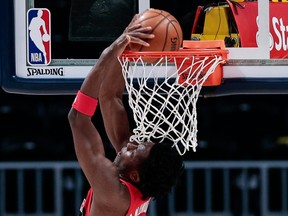 Raptors forward OG Anunoby (3) dunks the ball in the first quarter against the Denver Nuggets at Ball Arena.