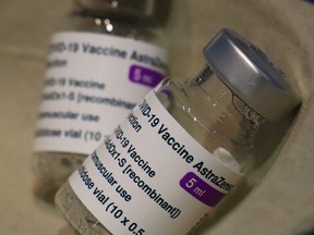 Vials of the AstraZeneca COVID-19 vaccine are seen during the opening of a vaccination centre at the Cypriot port of Larnaca, on March 22, 2021.