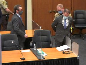 Former Minneapolis police officer Derek Chauvin is handcuffed to be led away after a jury found him guilty of all charges in his trial for second-degree murder, third-degree murder and second-degree manslaughter in the death of George Floyd in Minneapolis, Minn., April 20, 2021 in a still image from video.