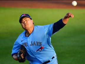 Blue Jays starting pitcher Hyun Jin Ryu delivers a pitch in the first inning against the New York Yankees at TD Ballpark on Tuesday, April 13, 2021 in Dunedin, Fla.