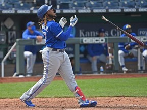 Blue Jays designated hitter Vladimir Guerrero Jr. flies out against the Royals on Sunday. But days when the offence dries up ought to few and far between this season, especially once George Springer returns. USA TODAY Sports